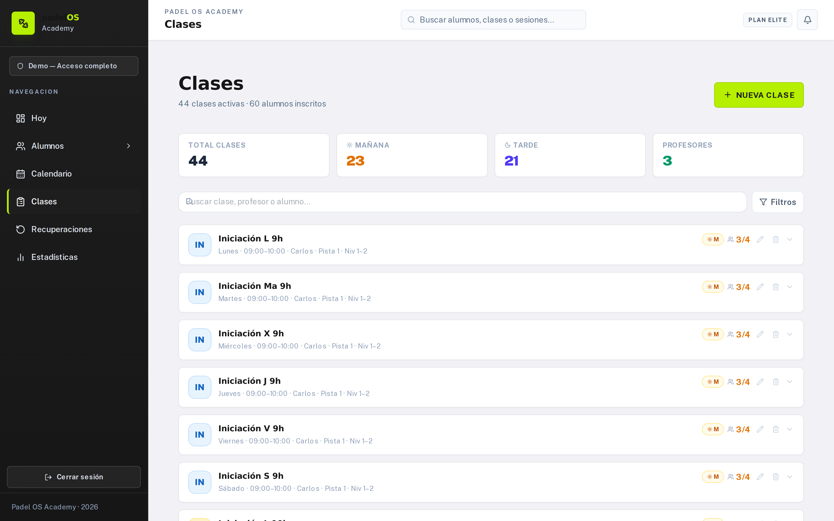 M&oacute;dulo Clases &mdash; Calendario con ocupaci&oacute;n